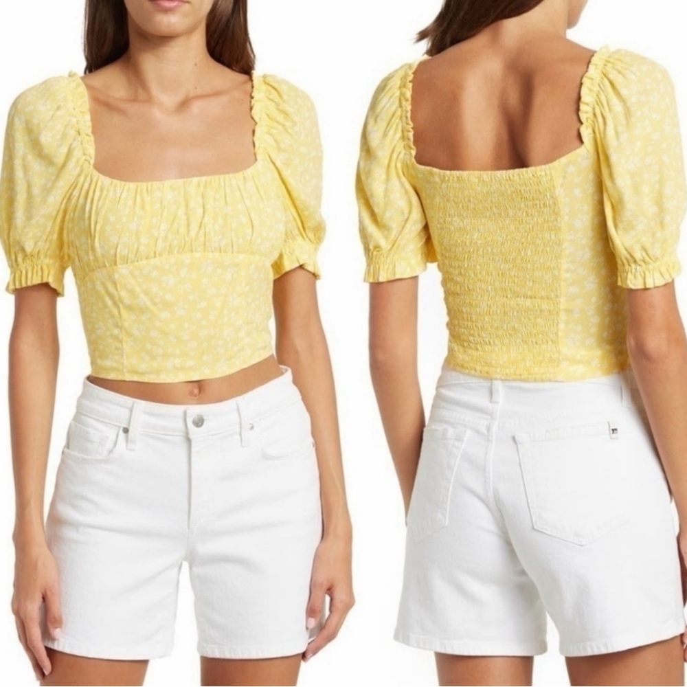 Sophie Rue Cottagecore Boho Floral Crop Top Yellow White Puff Sleeve Size Medium